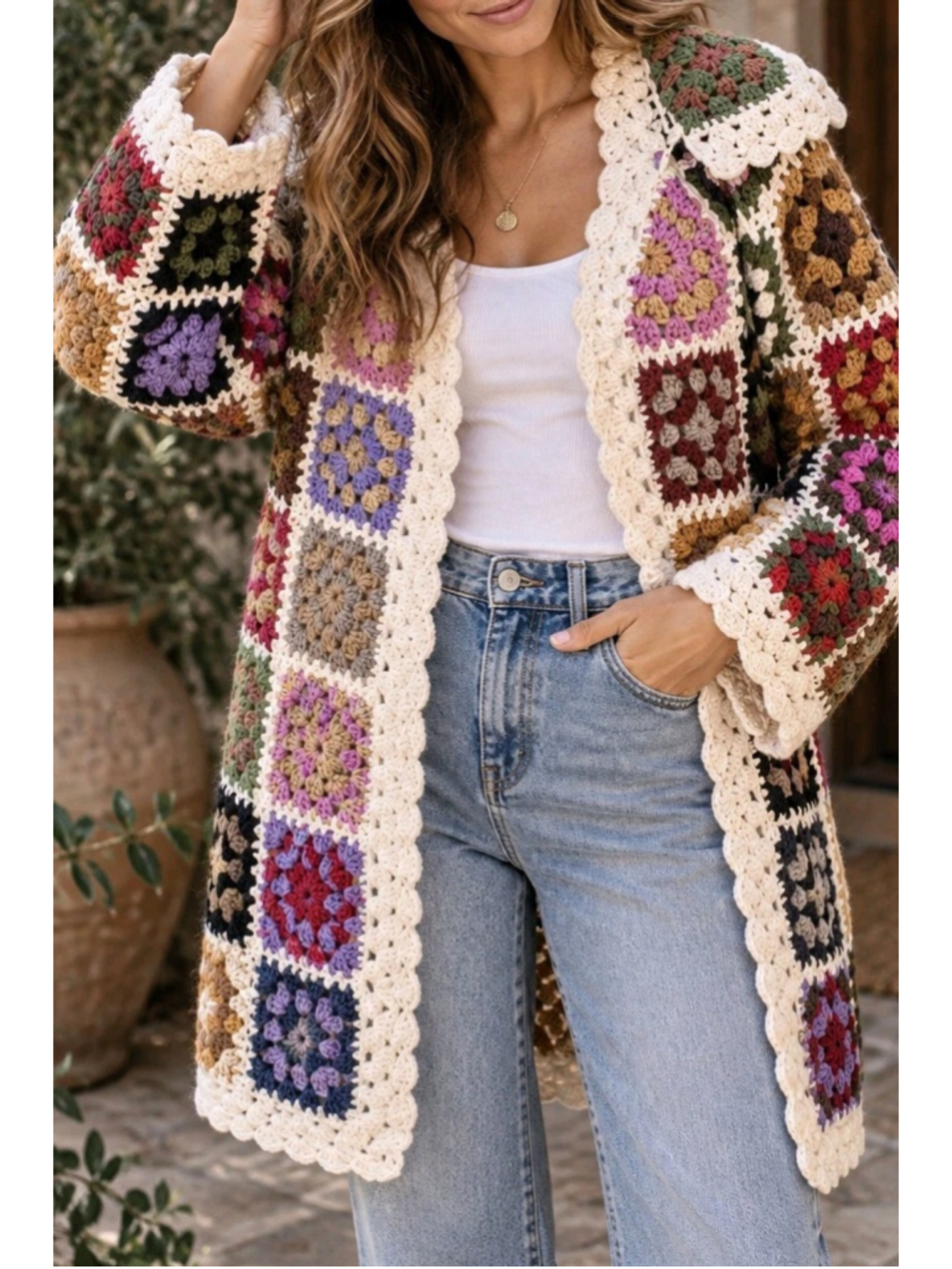 Rhea 100% Wool Granny Square Crochet Cardigan S/M NWT Collar Cottagecore Prairie